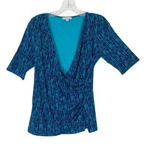 NWOT PURE COLLECTION Top 8/10 Blue Stripe V-Neck Faux-Wrap 1/2-Sleeve Stretchy